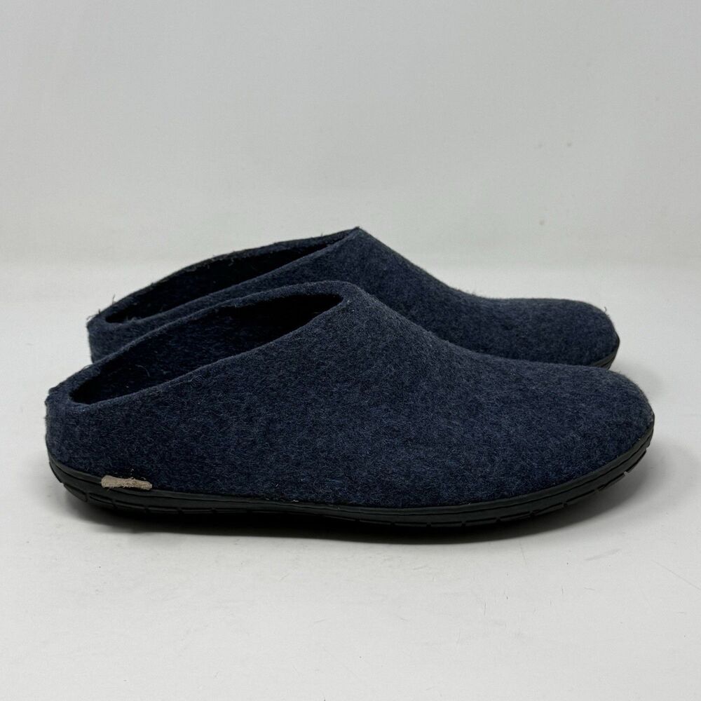 Glerups Slip On Gray Wool Slippers Mens 12 EU 46 Blue Black Rubber Bottom